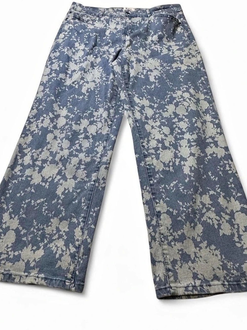 Bleu Floral Wide Leg Jeans in Blue & White Women’s Size 14 Cottagecore Boho